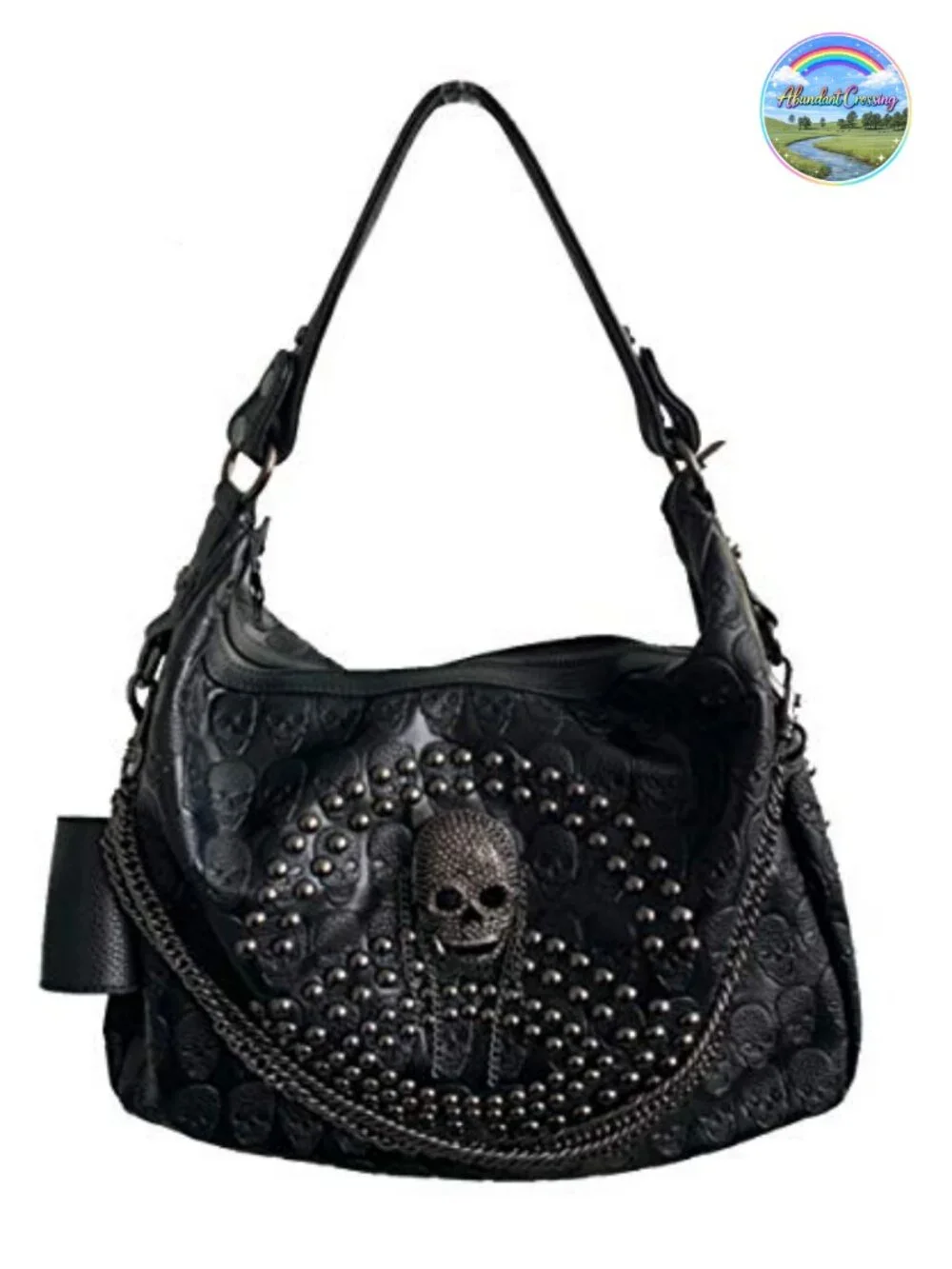 Large Gothic Skull Chain Satchel Handbag Faux Leather Studded Tote